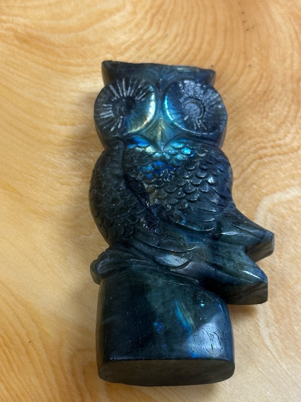 Handcarved Labradorite Owl Sculpture - Iridescent Blue-Green Home Accent